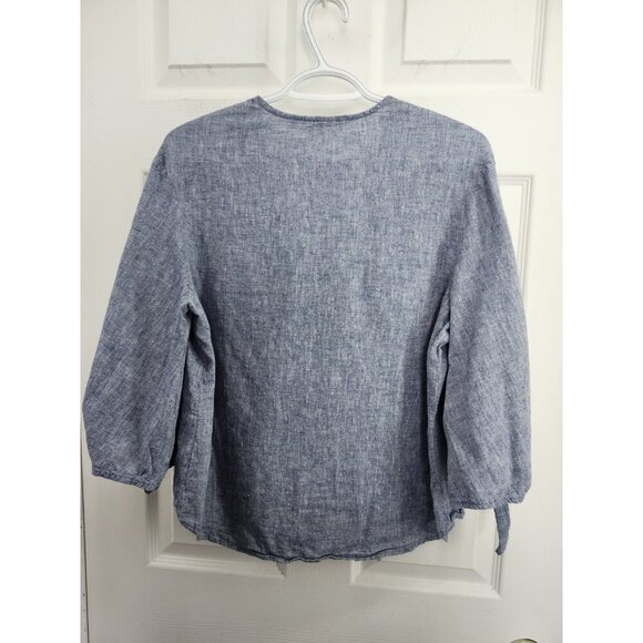 Zara Woman Sz Med  Soft Blue Chambray Fabric Tied Sleeves Casual Sophisticated - Picture 2 of 8